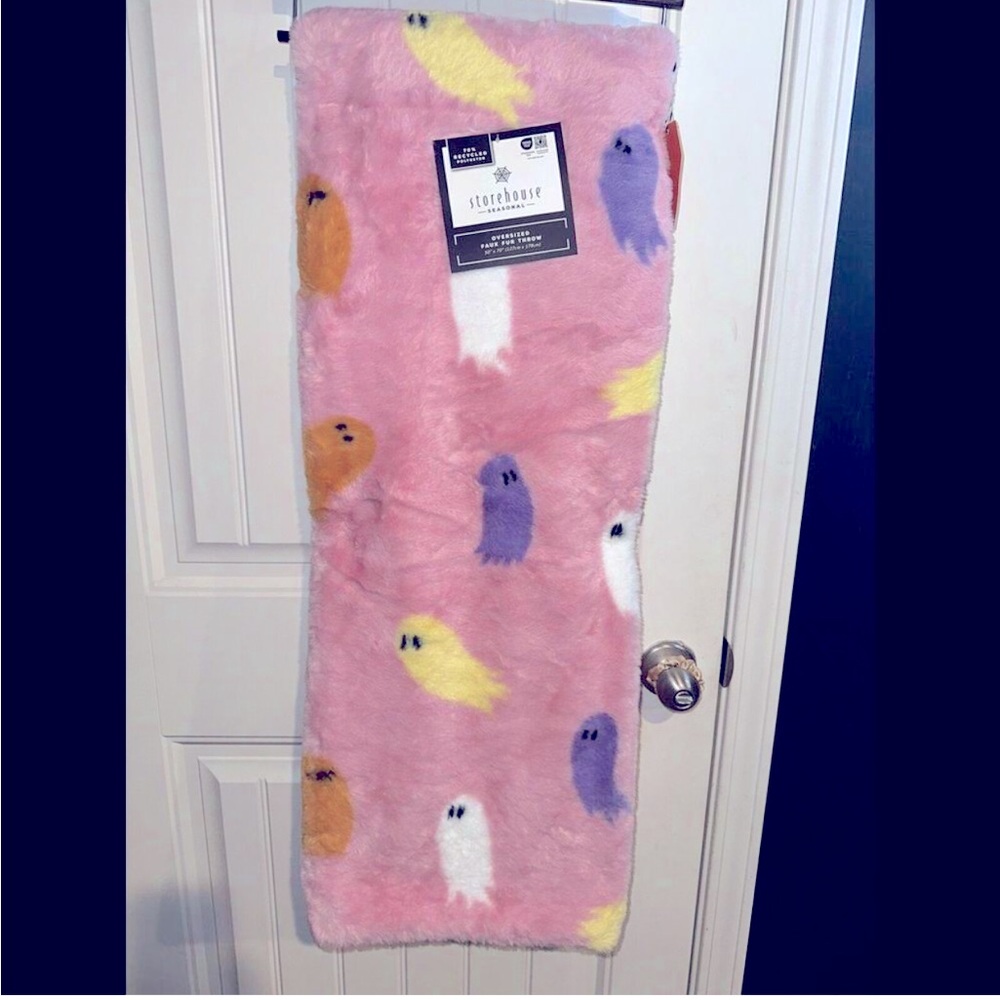 Storehouse Halloween Oversized Faux Fur Throw Pink Ghosts 50 x 70 inches